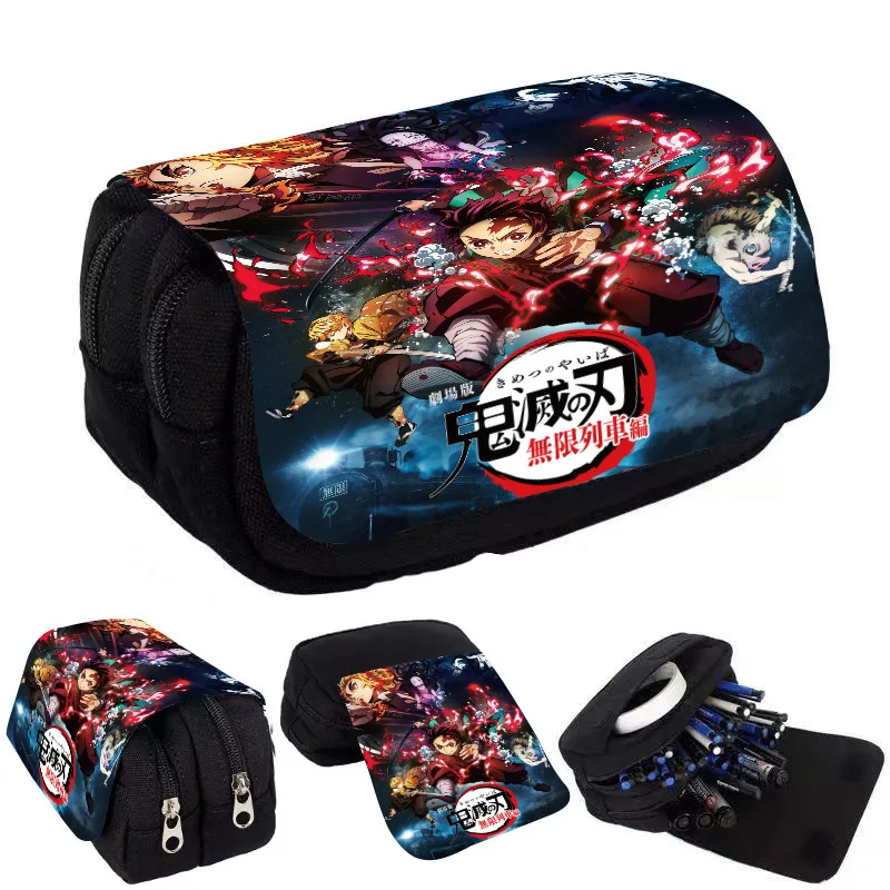 Demon Slayer Pencil Case Student Bilayer Storage Bag Tanjirou Nezuko Zenitsu Giyuu Cartoon Printing High Quality Pen Case Gift