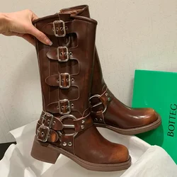 Genuine Cowhide Leather Luxury Punk Goth Women Winter Shoes Multi-buckle Belt Design Chunky Heels Mid-calf Western Cowboy Boots