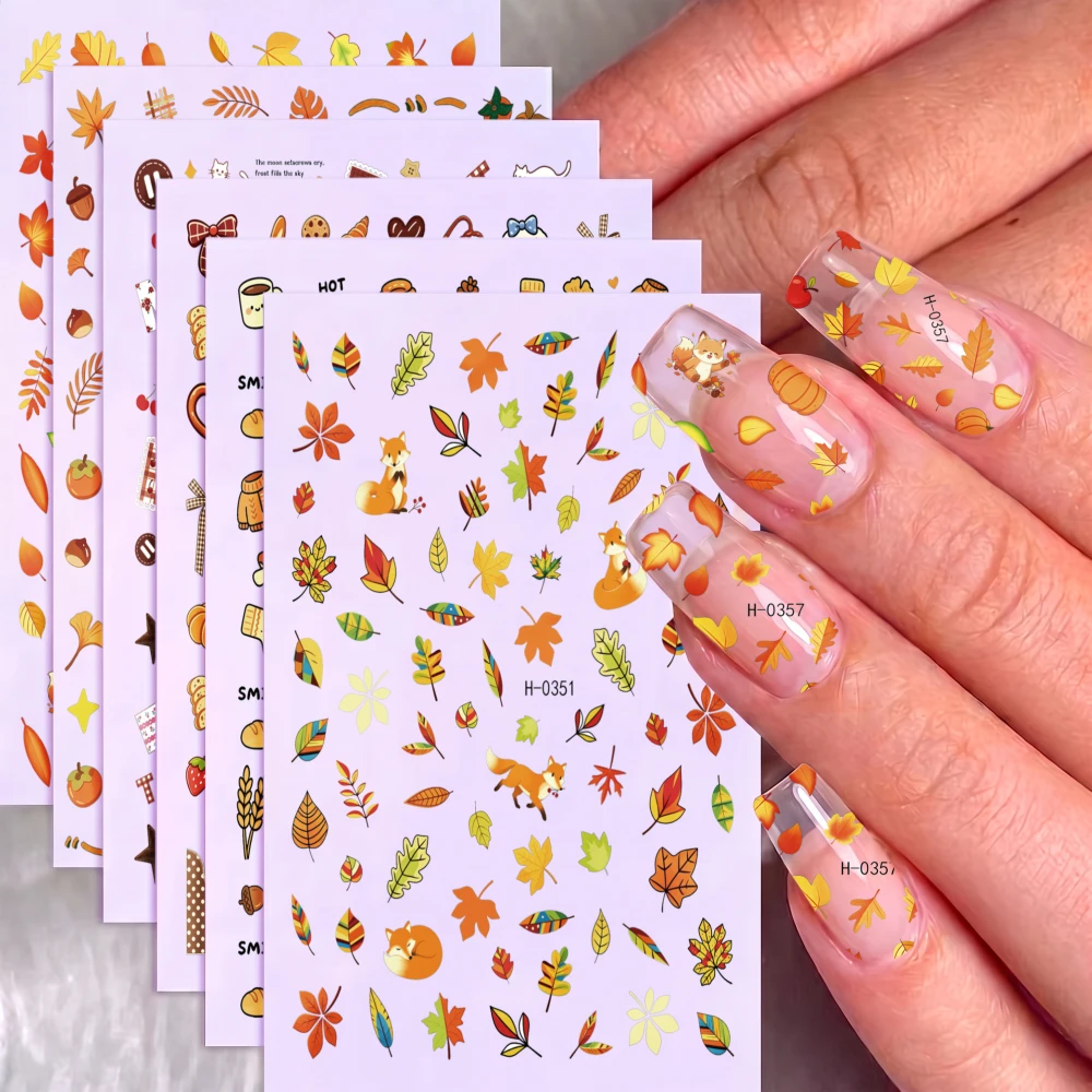 12PCS 3D Thanksgiving Autumn Nail Stickers Colorful Maple Leaf Acorn Squirrel Pumpkin Nail Decal Holiday Daily Nail Tip Ornament