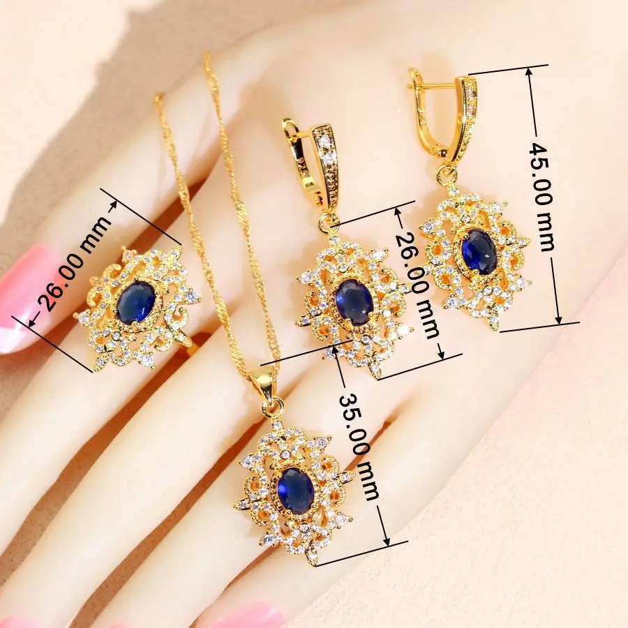 Fashion Blue Zirconia Wedding Jewelry Sets For Women Gold Plated Necklace Pendant Earrings Ring Bracelet Party Gift