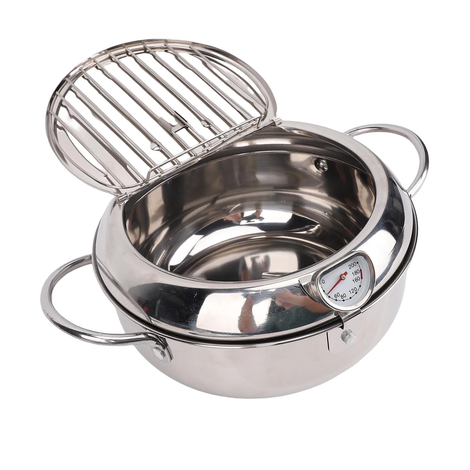 

Deep Fryer Pot 201 Stainless Steel 2.2L Japanese Frying Pot with Oil Drain Temperature Control and Lid for Kitchen Stove