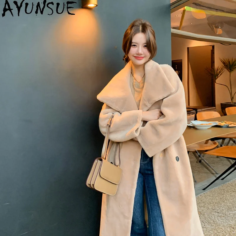 AYUNSUE High Quality 100% Wool Jacket for Women 23 Winter Elegant Sheep Shearing Jackets Fur Coat Women Long Wool Coats Fashion