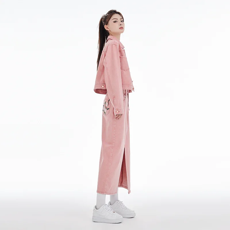 Korean Version Pink Cowboy Set Two Piece Set 2026 Spring and Autumn New Fashion Art Retro Style Embroidery Outerwear Half Skirt