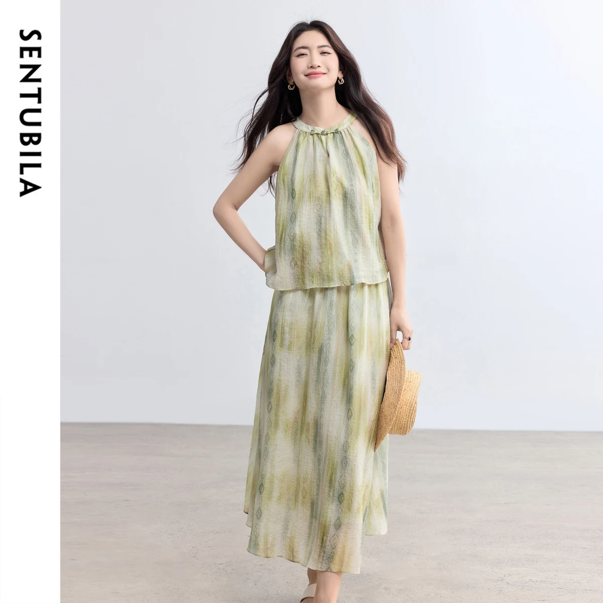 SENTUBILA Lyocell Boho 2 Piece Woman Outfit 2026 Halter Neck Top A Line Flowy Midi Skirt Women Summer Casual Set Q52ZA2371