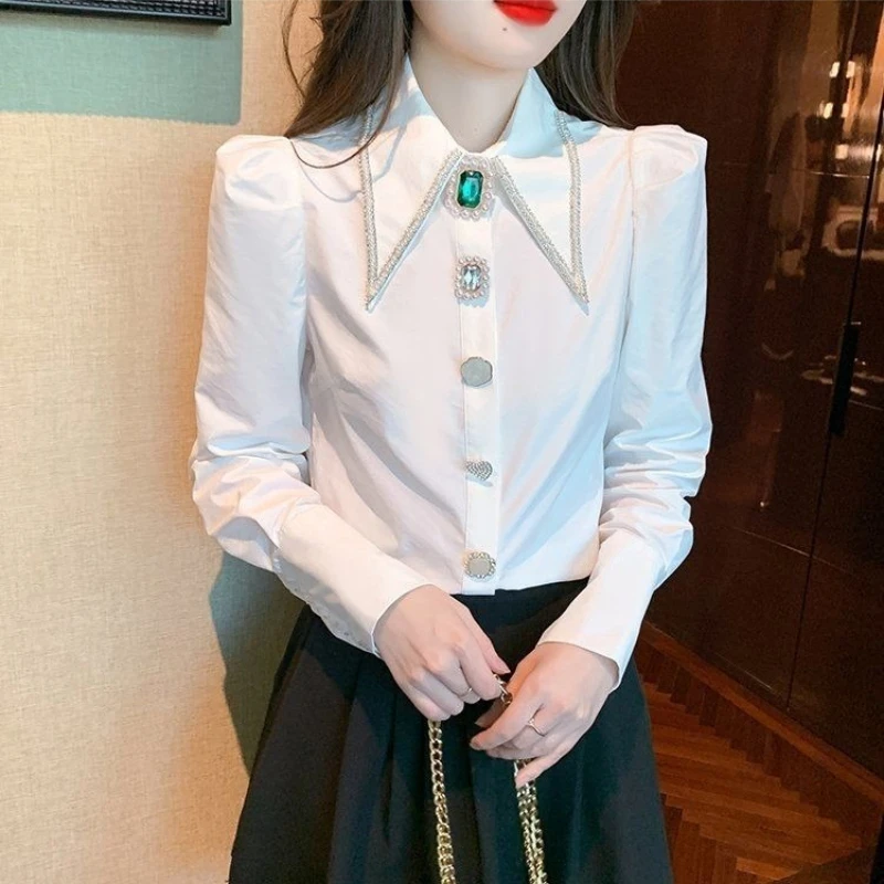 

2026 Spring New Arrival Women's French Aesthetic Long Sleeve Blouse Top Unique Design Niche Style Heavy Beaded Rhinestone Shirt