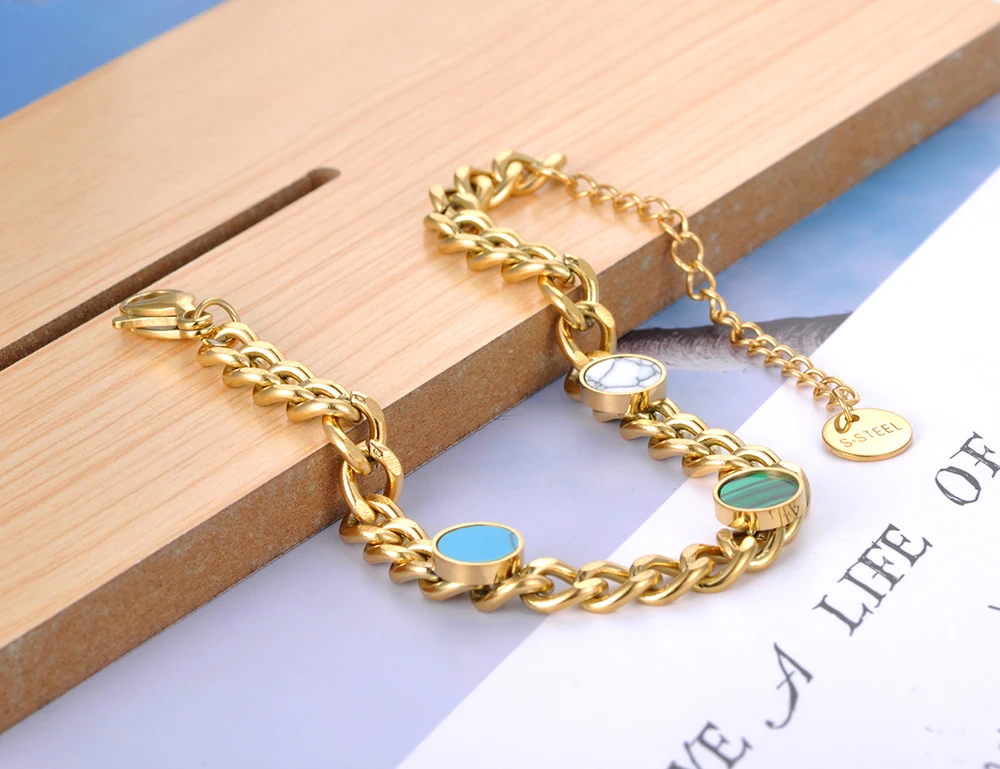 Lokaer Trendy Edelstahl-Armbänder mit Naturstein-Anhänger für Damen, 18 Karat vergoldet, Bohemia-Kettenarmband, Schmuck B21141