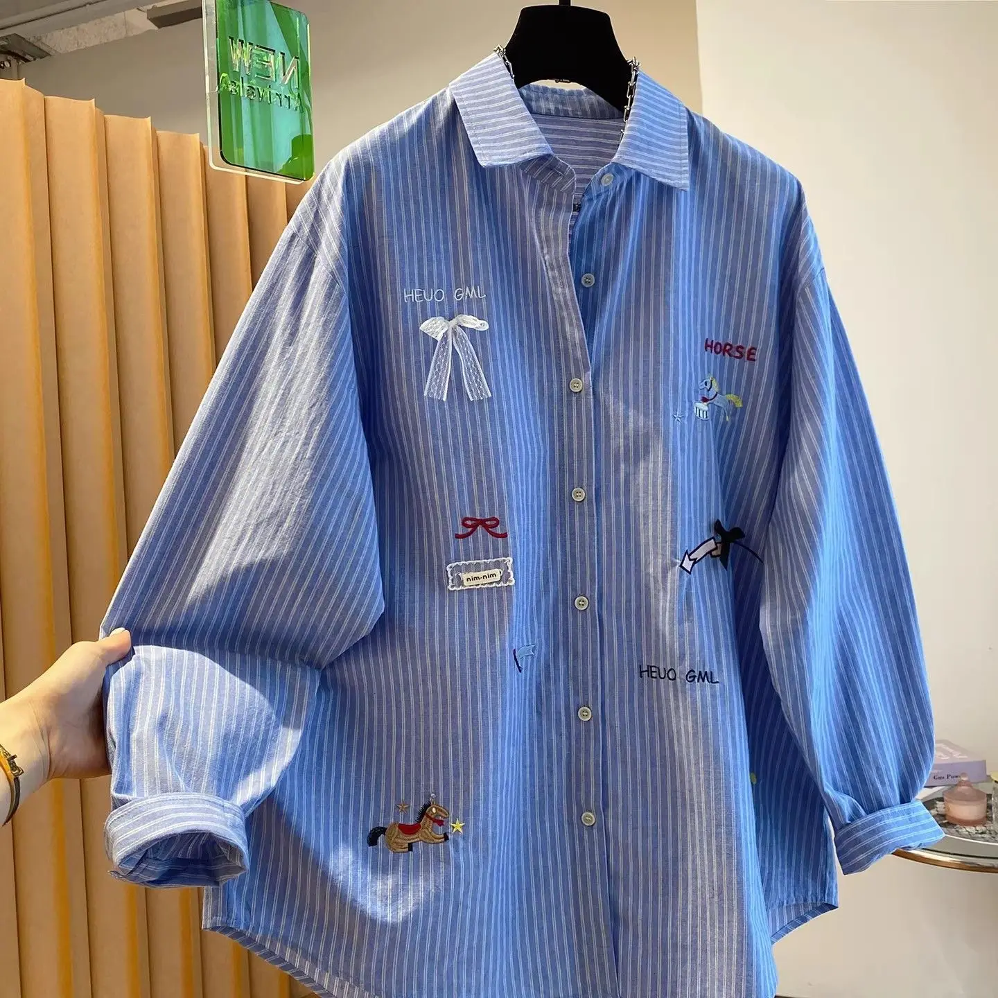 Korean Blue Embroidered Striped Shirt Female 2026New Spring Autumn Coat Ladies Loose Casual Joker Jacket Slim Lapel Women Blouse