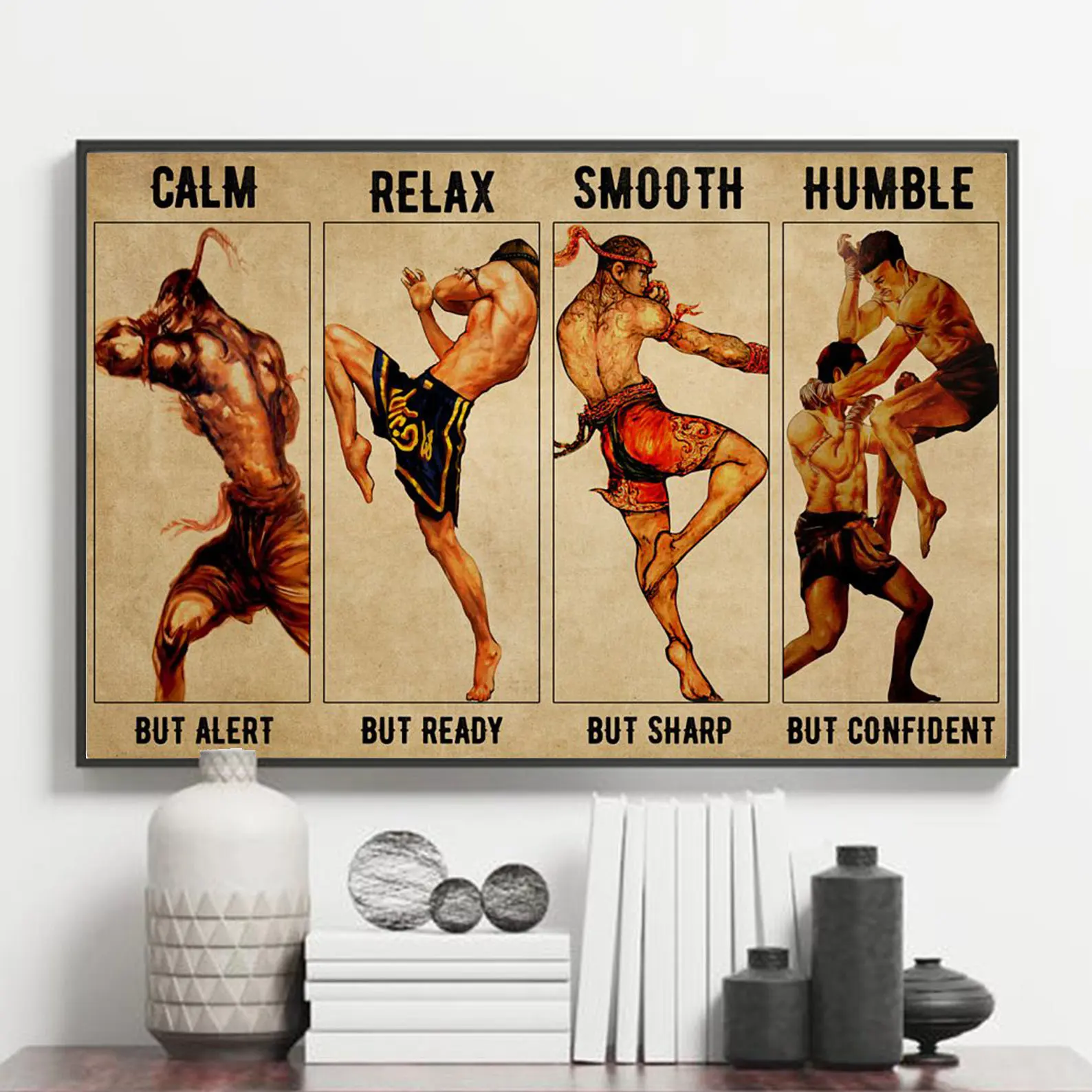 Four Moves Of Muay Thai Poster Prints Canvas Wall Art Vintage Cuadros Boxing Sports Art Picture For Man Cave Gym Room Home Decor