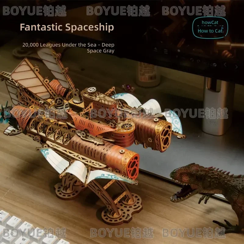 Handmade Wooden 3D Puzzle Cat Fantasy Spaceship Under Sea Model DIY Assembly Kit Creative Gift for Boys Educational Toy