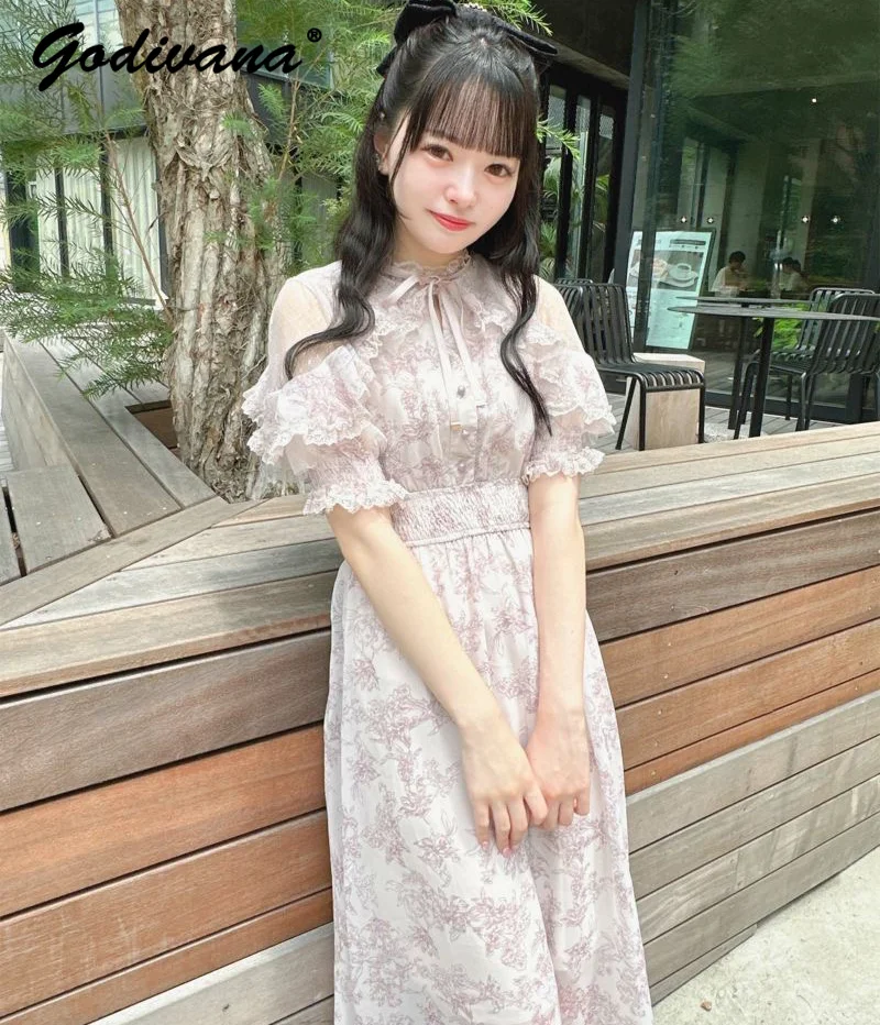 

Japanese Mine Rojita Lace Trim Short Sleeve Lolita Dress Mass-Produced Sweet Women Girls Printed Mid-Length Dresses