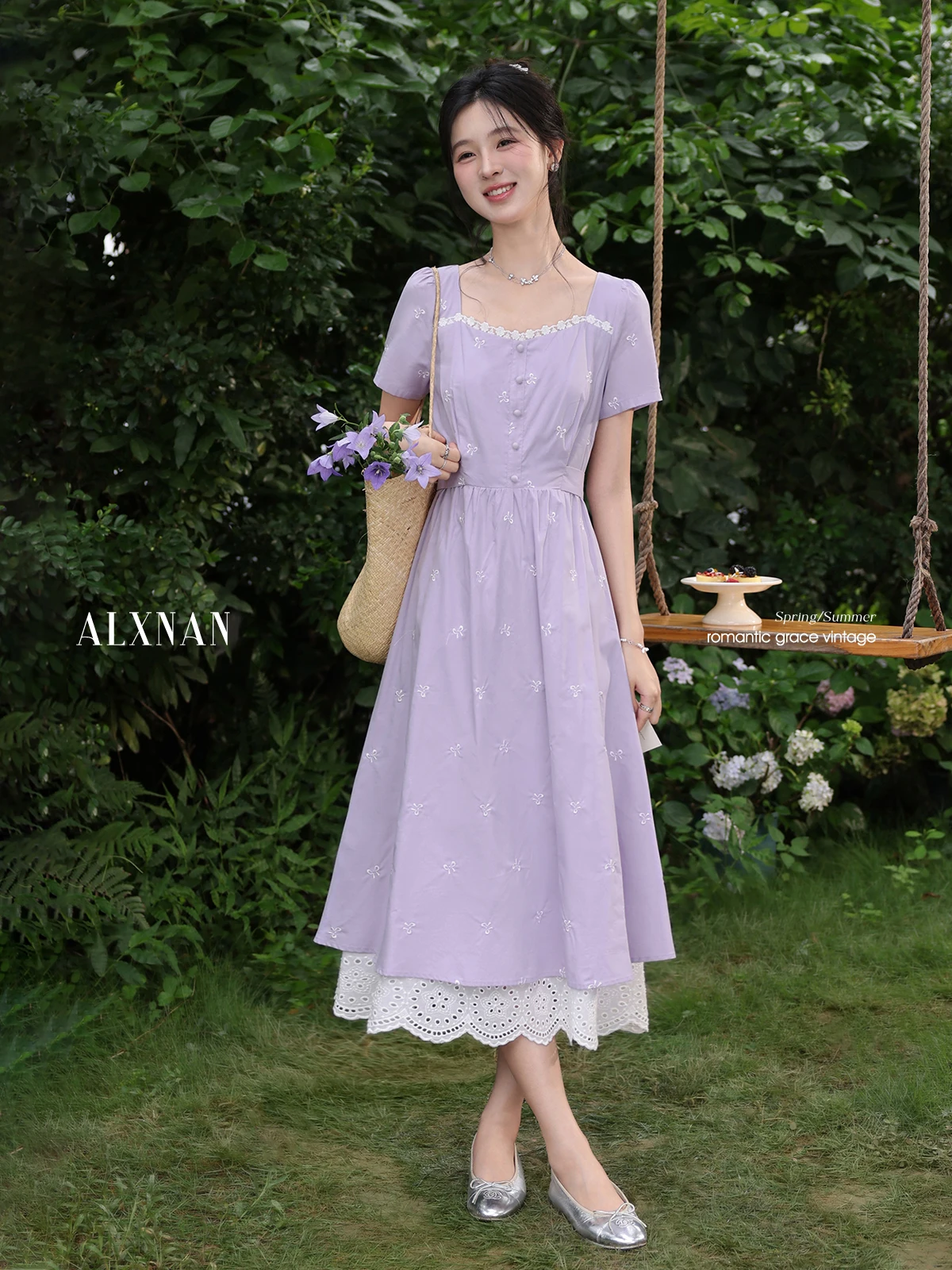 

ALXNAN Women's Long Dress Light Purple Lace Patchwork Holiday Midi Dress 2025 Summer Casual Party Embroidered Clothing DYL661868