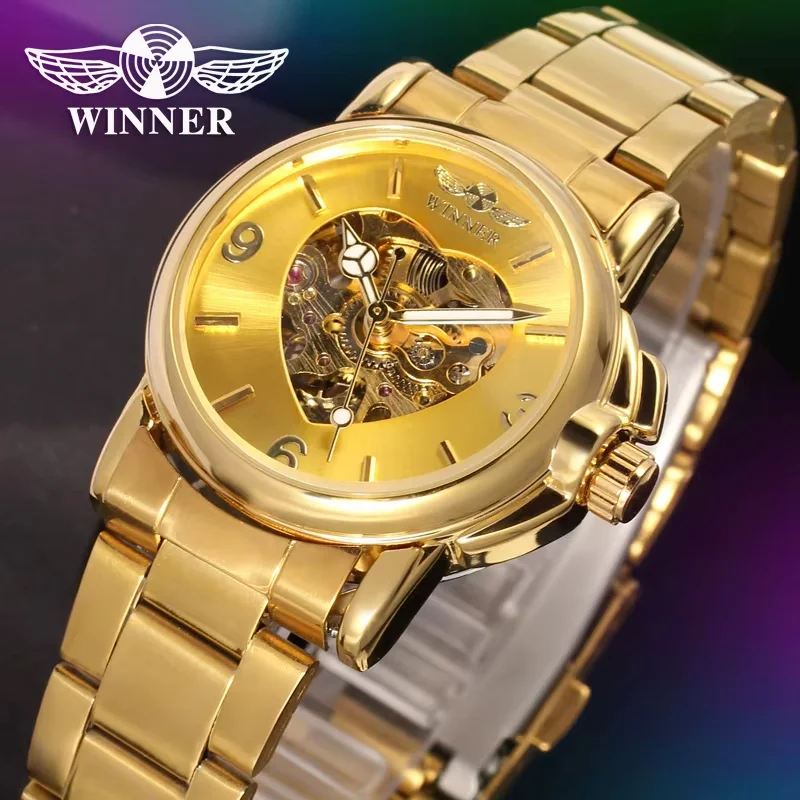T-WINNER Fashion luxury men's and women's watches gold stainless steel strap heart-shaped hollow dial automatic mechanical watch