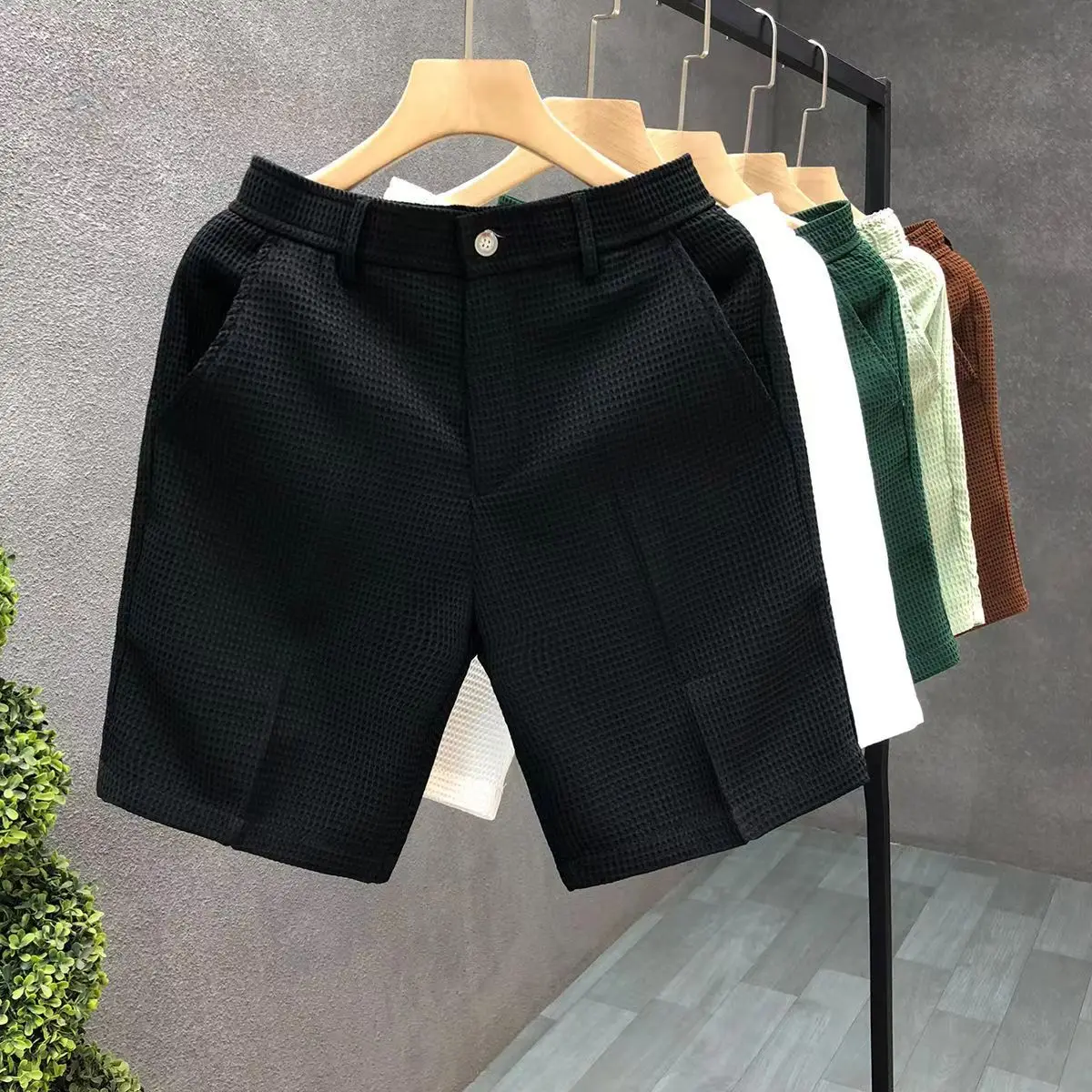 Fashion 2026 Waffle Men's Shorts Summer Trendy Brand Thin Slim-fitting Half Pants Casual Solid Color Straight Pants Medium Pants
