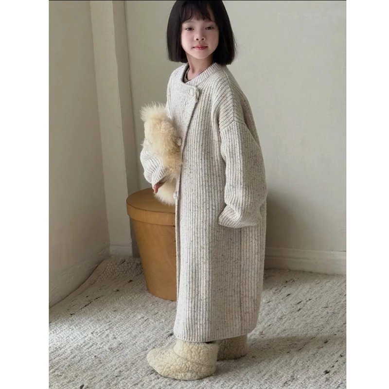 Children Long Sweater Coat 2024 Fall New Girls Design Sense Mid-length Cardigan Coat Korean Simple Style Fashion Sweater