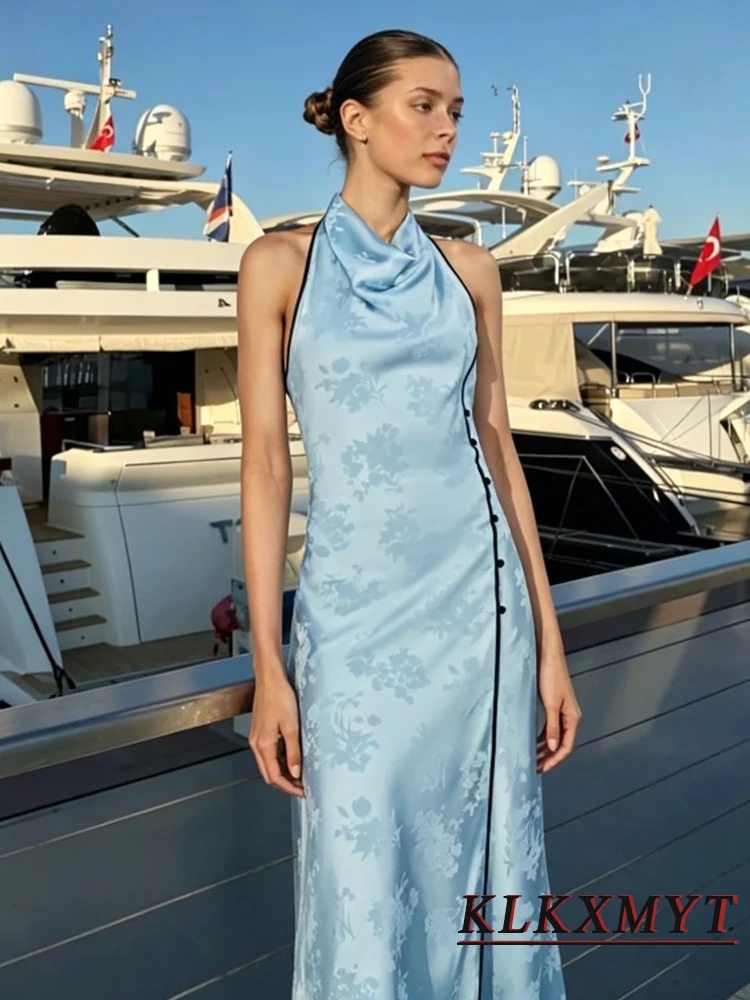 Women's Fashion Solid Dresses Sexy Sleeveless Backless Halter Neck Back Lace Up Dress Elegant Chic Summer Vacation Long Dresses