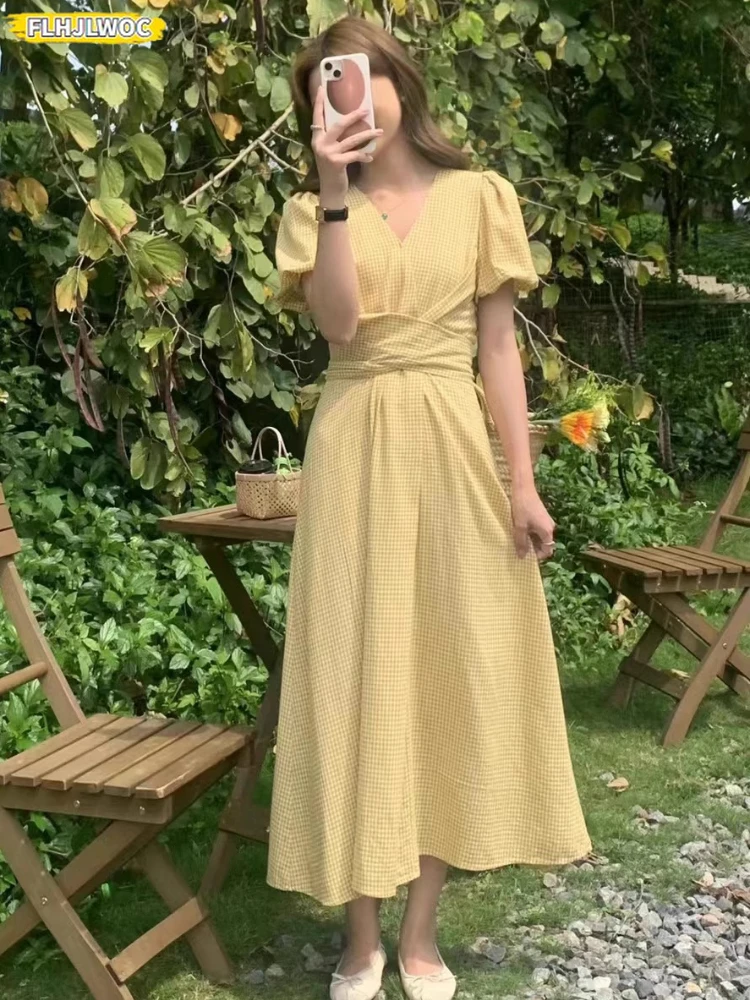 Plaid Dresses Summer Women Korean Japan Preppy Style Clothes V Neck Pink Yellow Cross Criss Lace-Up  Vintage Cotton Blends Dress