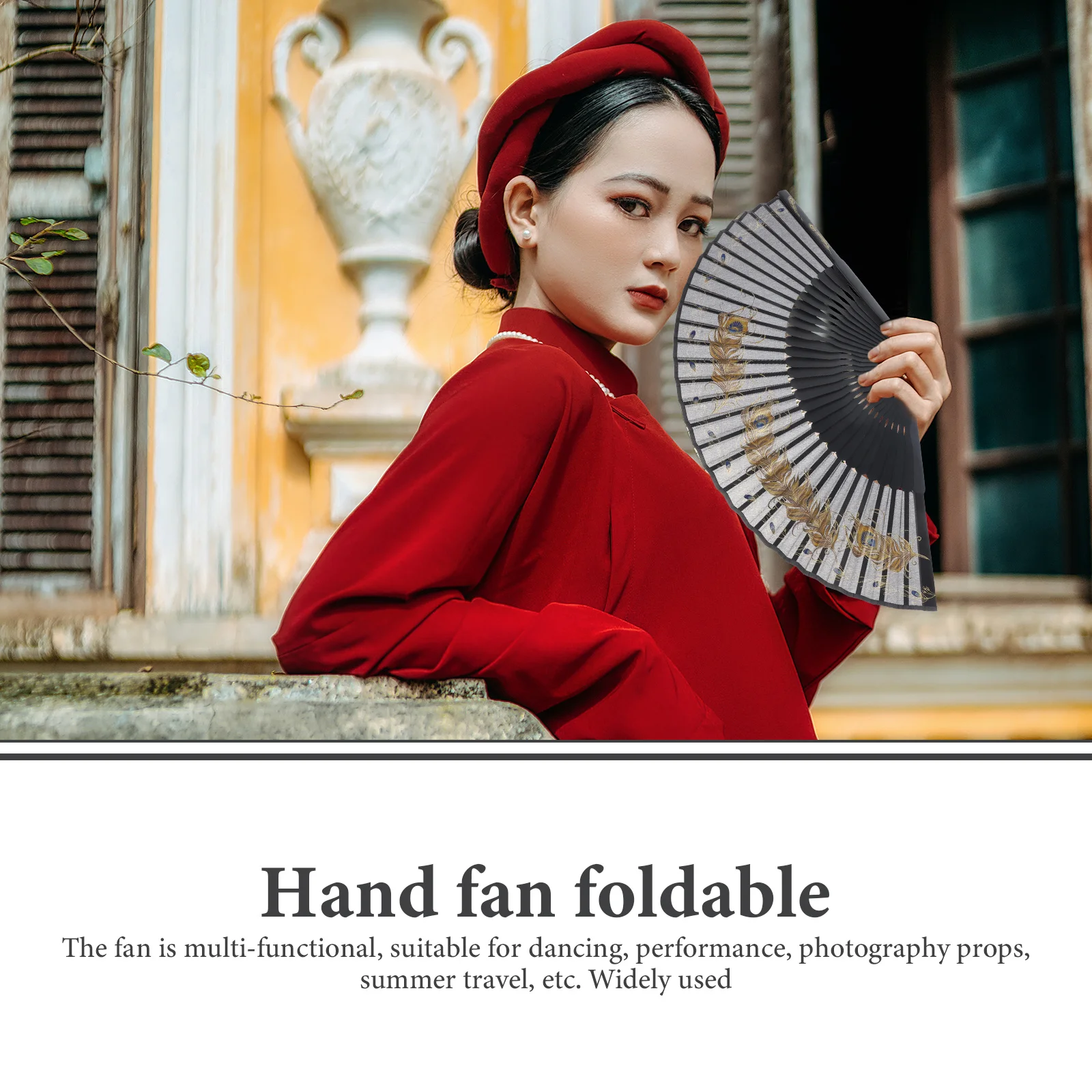 ヴィンテージ折りたたみ孔雀羽根パターンハンド女性用折りたたみ式ダンス小道具夏旅行アクセサリー和風竹