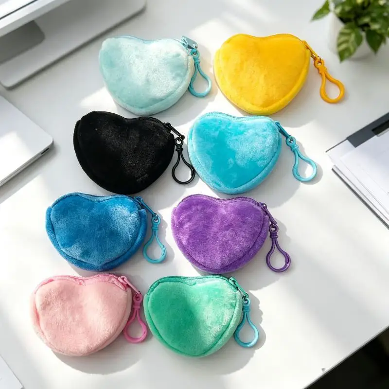 Solid Plush Heart Coin Purse Women's Cute Wallet ID Card Bag Keychain Minimalist Coin Bag Kawaii Wallets For Women Gift