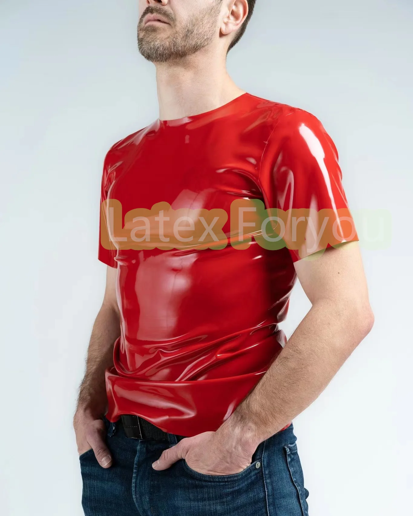 Sexy 100% Handmade Latex Men's wear Top Crew Neck Classic T-Shirt Short Sleeves Male Tops Rubber Fashion Customized  Basic Top