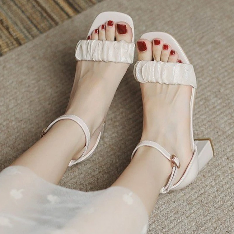 2024 Summer New Fashion Outwear Women\'s Sandals Open Toe Fairy Style One Button Solid Color Comfortable Single Shoe Women