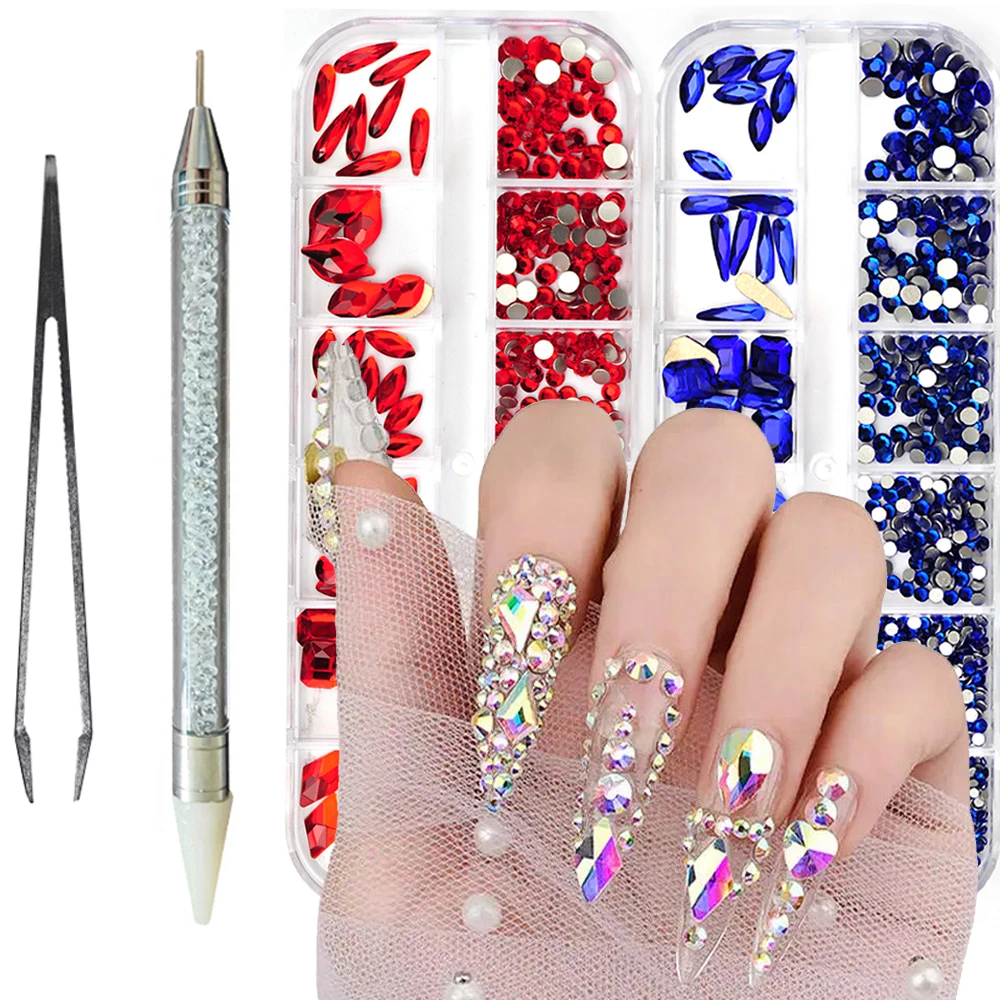 

12Girds Box Multi Size Colourful Rhinestones Set with Tools Flatback Crystal Diamonds Gems 3D Glitter Nail Art Decorations