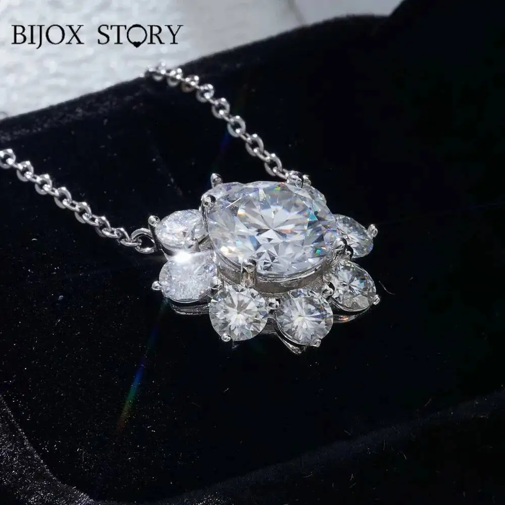 BIJOX STORY 5ct Moissanite Necklace For Women S925 Sterling Silver Full Diamond Flower Neck Chain Female Wedding Jewelry Set