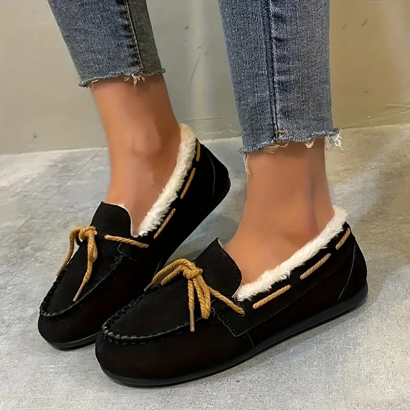 Mocassini in peluche tinta unita da donna, scarpe calde invernali con suola piatta con suola morbida, scarpe casual in peluche antiscivolo