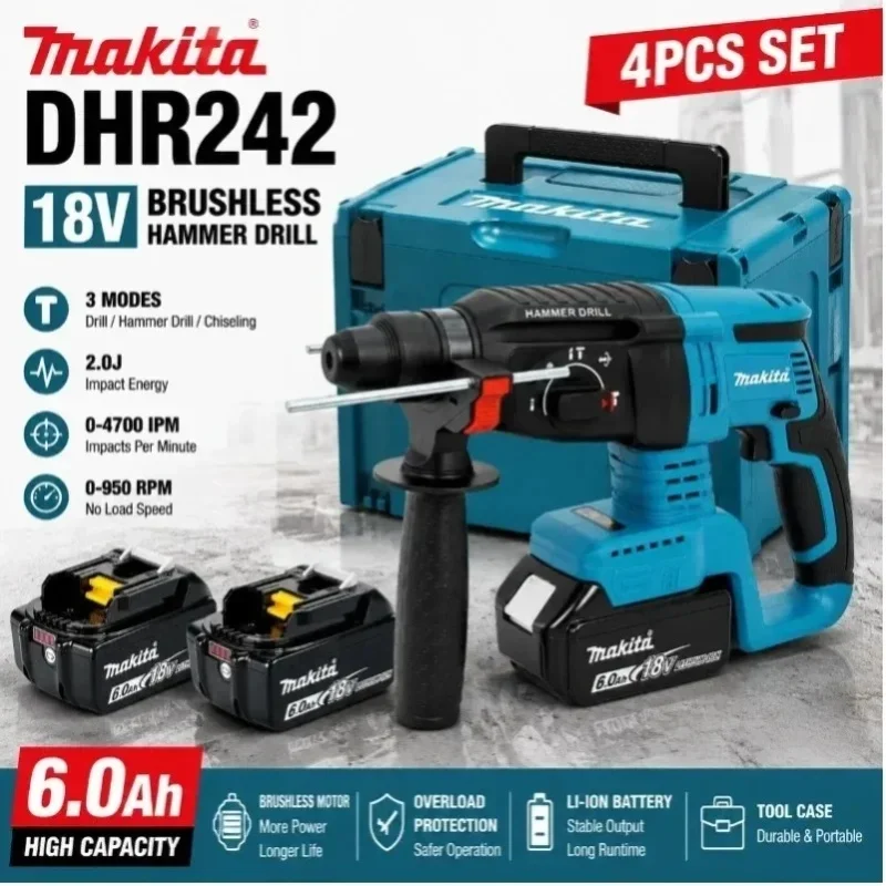 Makita DHR242 2J Schlagbohrhammer 100% Original 18V Bürstenlos, 24mm Beton, 4700 IPM, 3 Modi Professionelles Hochleistungswerkzeug
