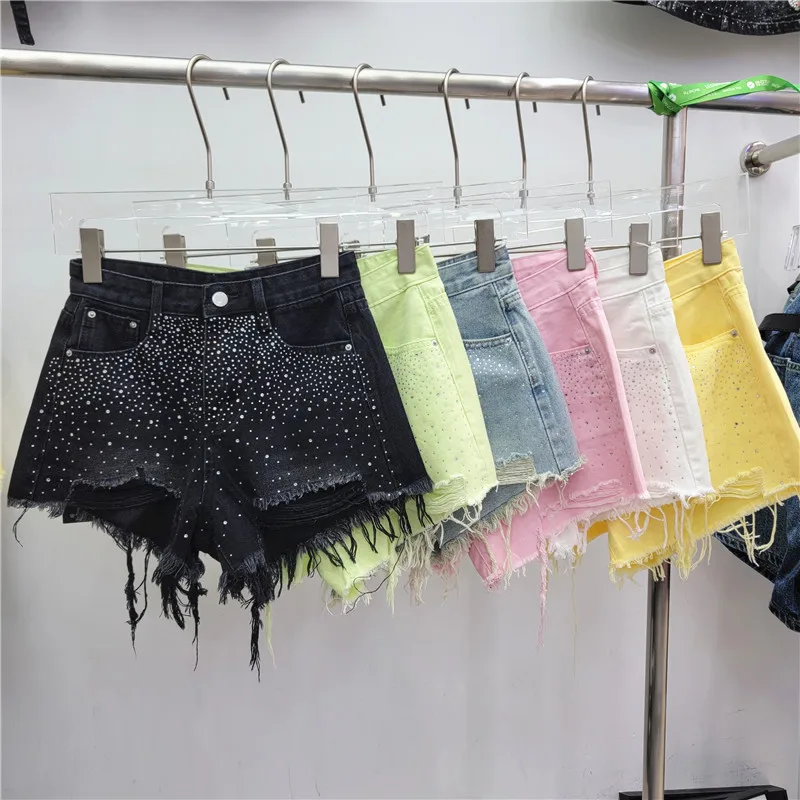 

Fashion Diamond Hole Denim Shorts for Women's 2024 Summer New High Waisted Jean Booty Shorts Feminino