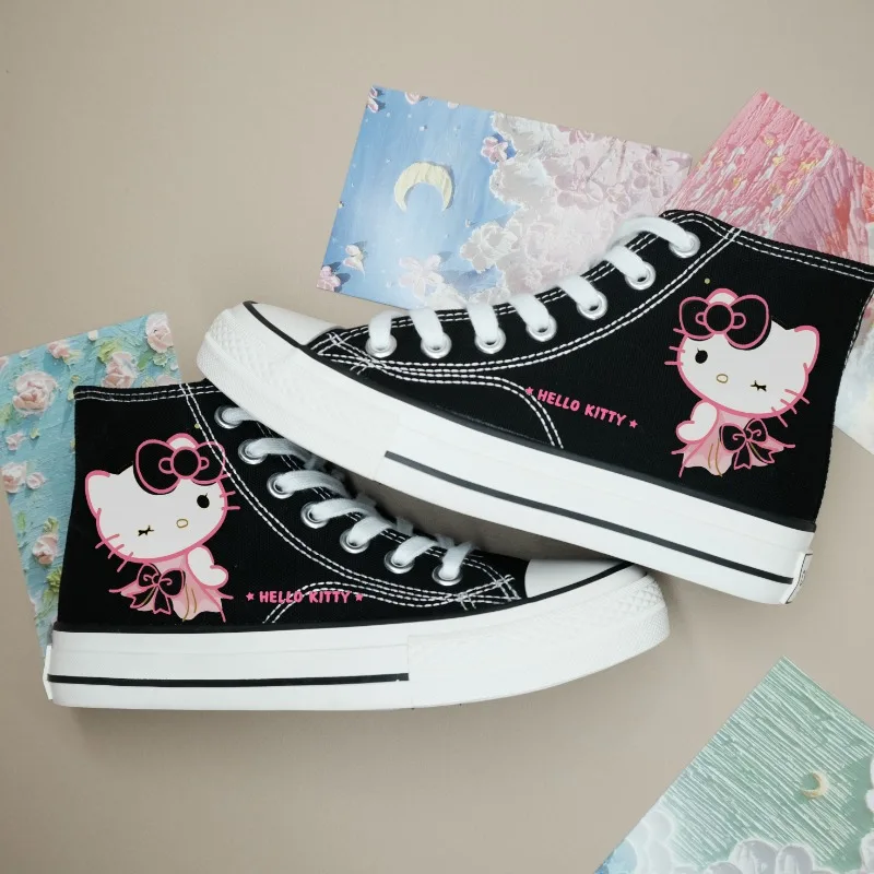 Japanese College Style Lace Up Couple Canvas Shoes Kawaii Hello Kitty Printing Black Sneakers Women Harajuku Versatile Y2k Shoes