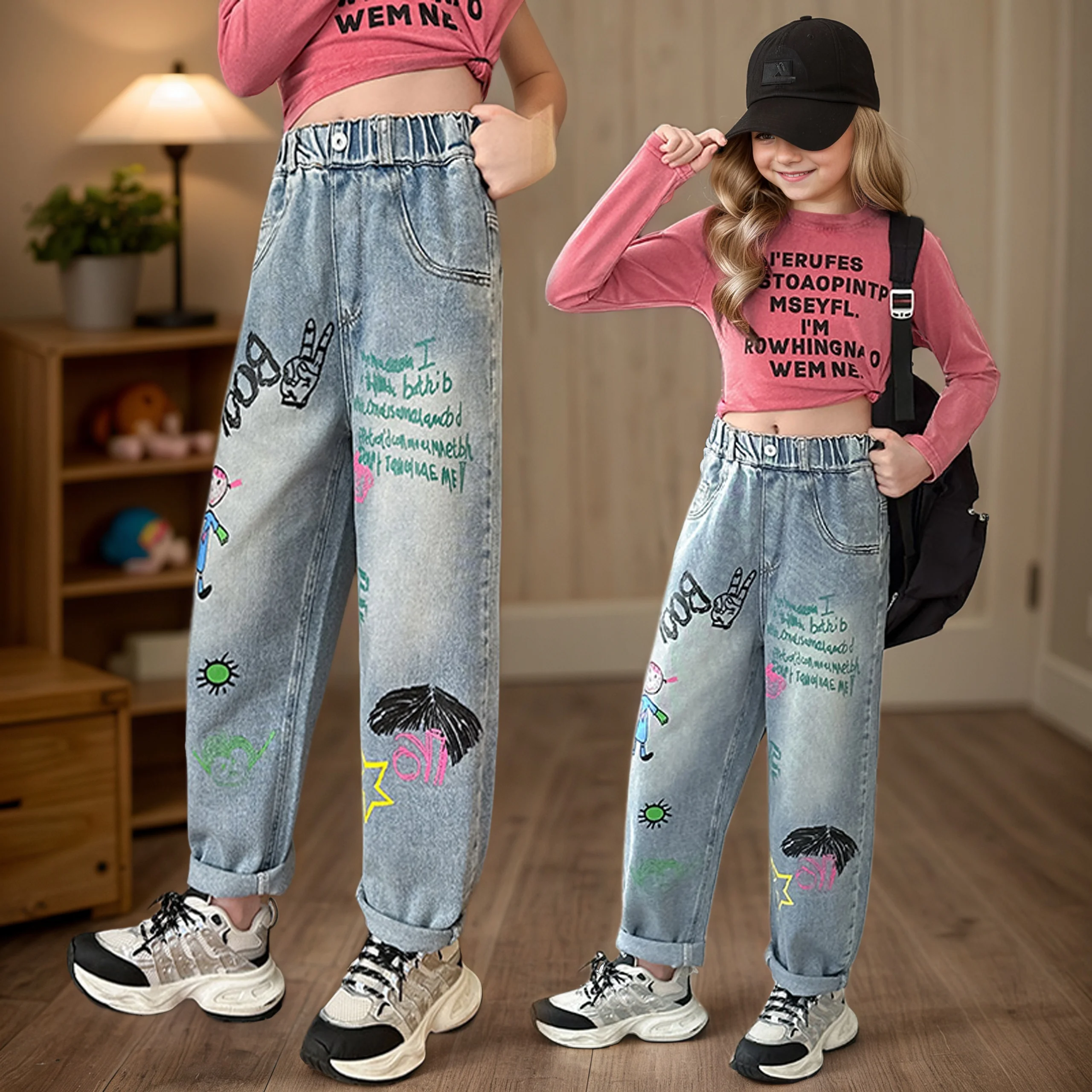 

Джинсовые широкие брюки с каракулями для девочек, прямая верхняя одежда с принтом, весна-осень для детей 5–15 лет