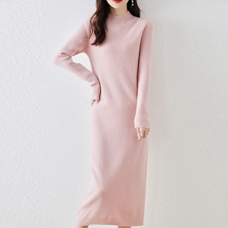 Autumn Winter New Dress Women\'s High Polo Collar Pullover 100 Pure Wool Slim Fit Long Solid Color Temperament Knitted Wool Dress