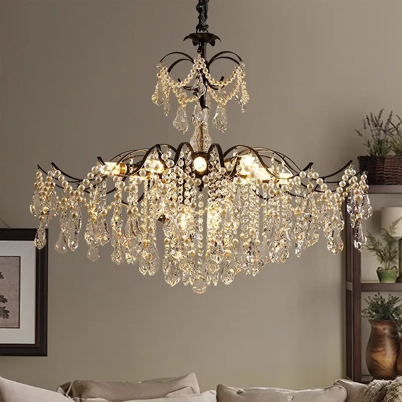 American Retro Crystal Pearl Lustre Chandeliers Black Villa Living Dining Room E14 Pendant Light