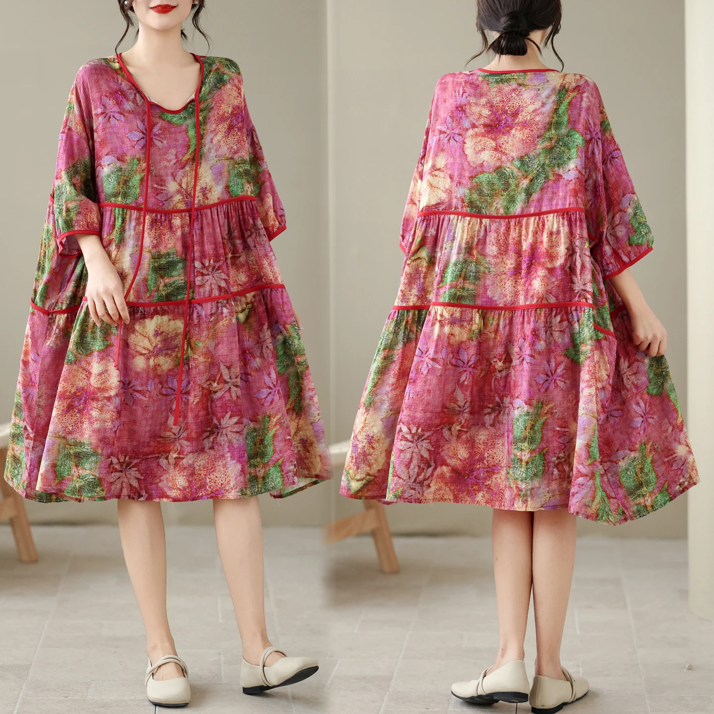 

Summer Large Size Cotton Linen Print Collar Rope Loose Elegant Slimming Versatile Dress Artistic Style High Waist A-Line Skirt