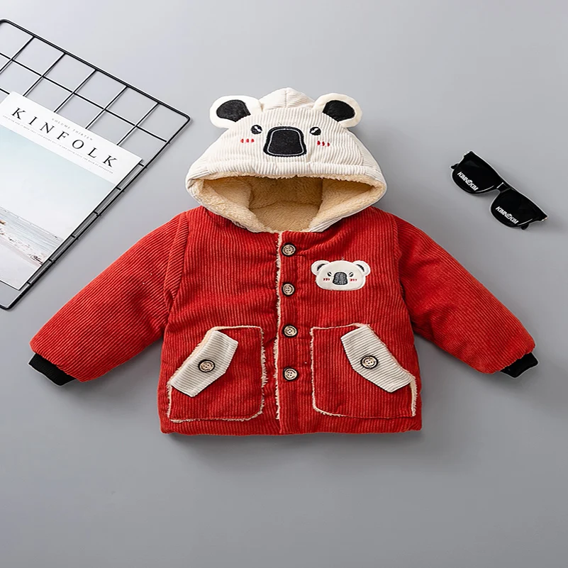 Autumn and Winter 2024 Boys' Cartoon Embroidered Koala Splicing Hat Casual Thickened Cotton Clothes 2-6 Years Old