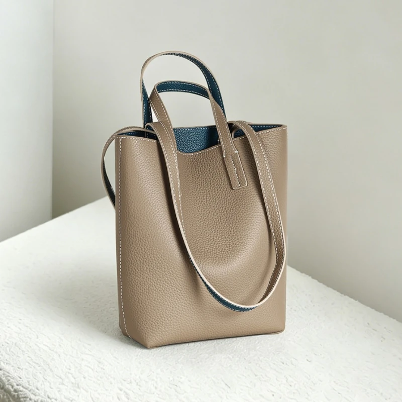 

Genuine Leather Lychee Grain Handbag Tote Women Top Layer Cowhide Contrast Lining White Stitching Casual Chic Modern Minimalist