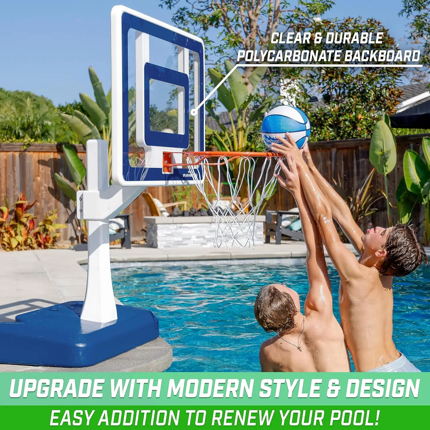 Splash Hoop Elite Pool Hoop Basketball Game with Water Weighted Base, Adjustable Height, Regulation Steel Rim and 2 Poo