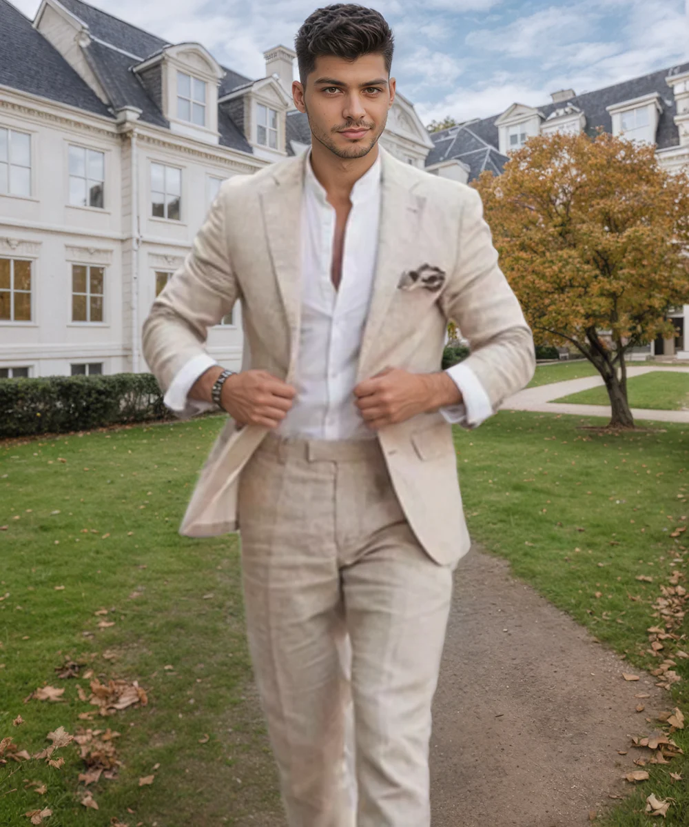 

Summer Beach Business Linen Men Suits Tailor Made 2Pcs Jacket With Pants Formal Tuxedo Blazer Trousers Party Wear Man's Clothing