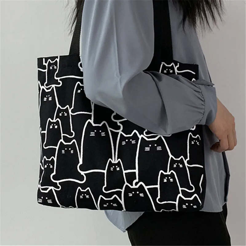 Leinwand-Handtasche für Frauen, 2023, modisch, niedliche Katze, Messenger-Taschen mit Reißverschluss, Designer-Tasche, Damen-Cartoon-Schulter-Shopper-Taschen – Detail 12