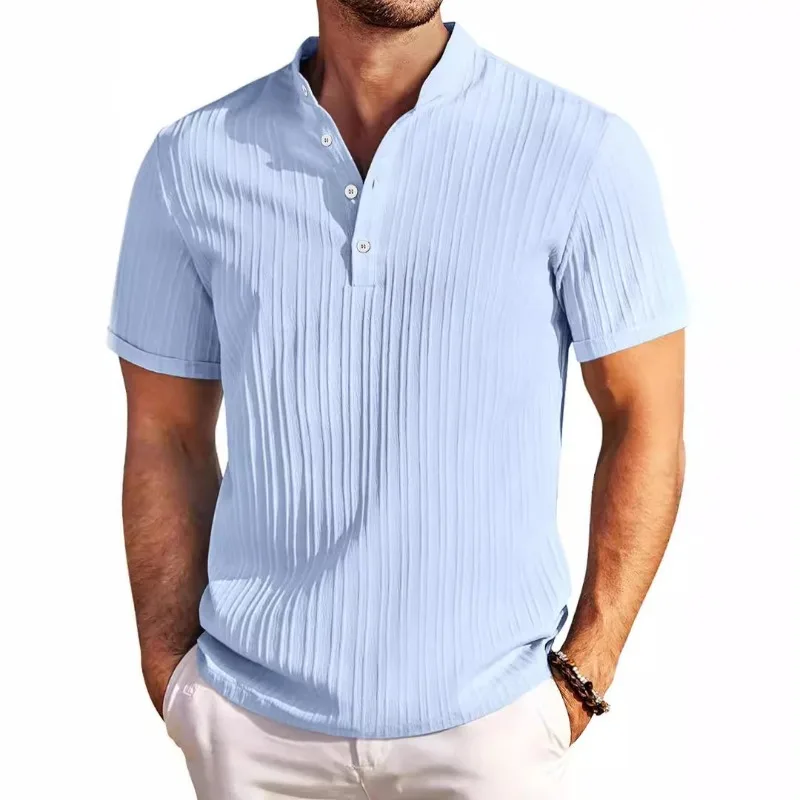 Men's Spring Summer Light Blue Textured Henley Shirt Stand Collar Short Sleeve Casual Slim Fit Button Down Top