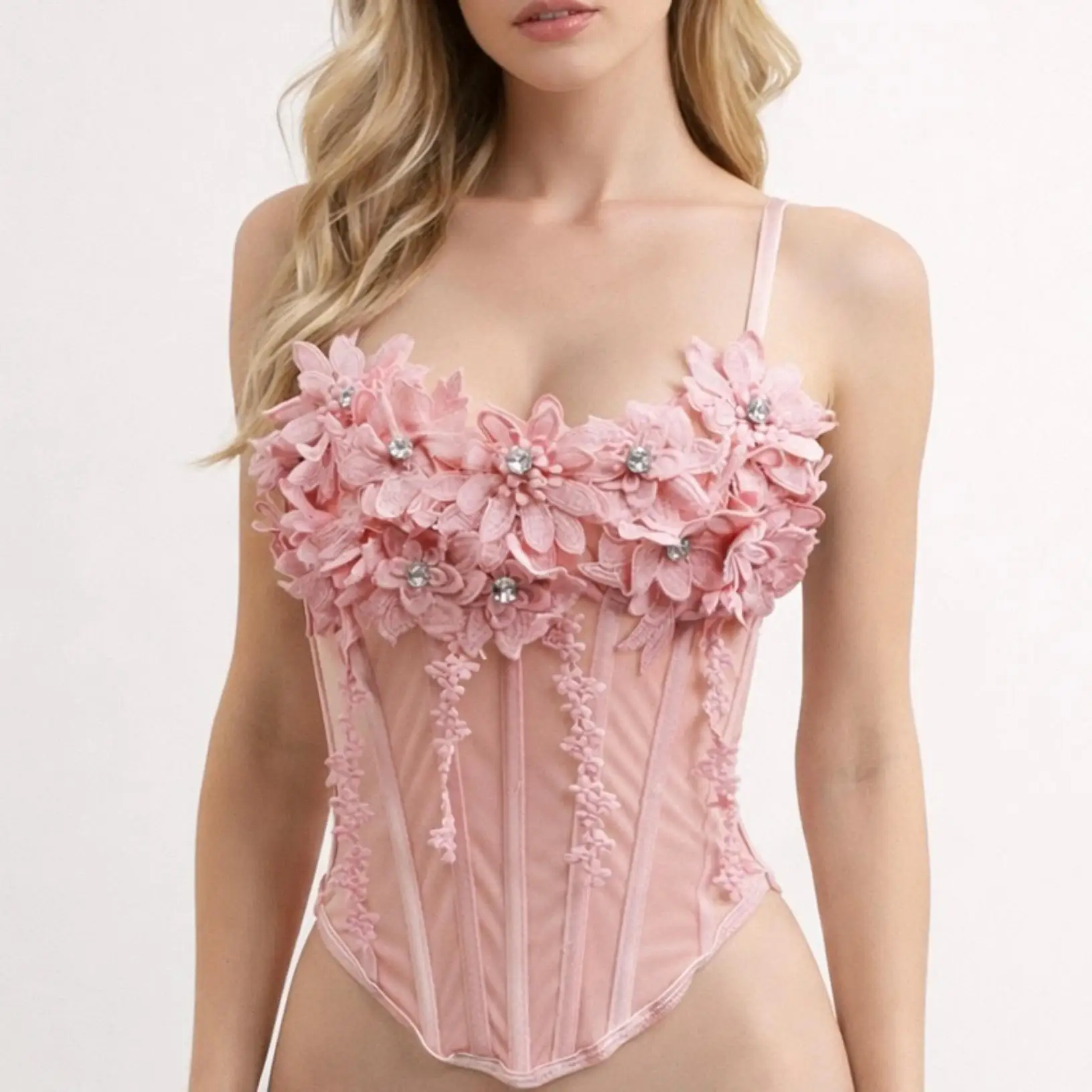 

Женский розовый укороченный топ-корсет с 3D цветами, стразами и сетчатыми вставками, на тонких бретельках, с богатой отделкой, для вечеринок и клубов