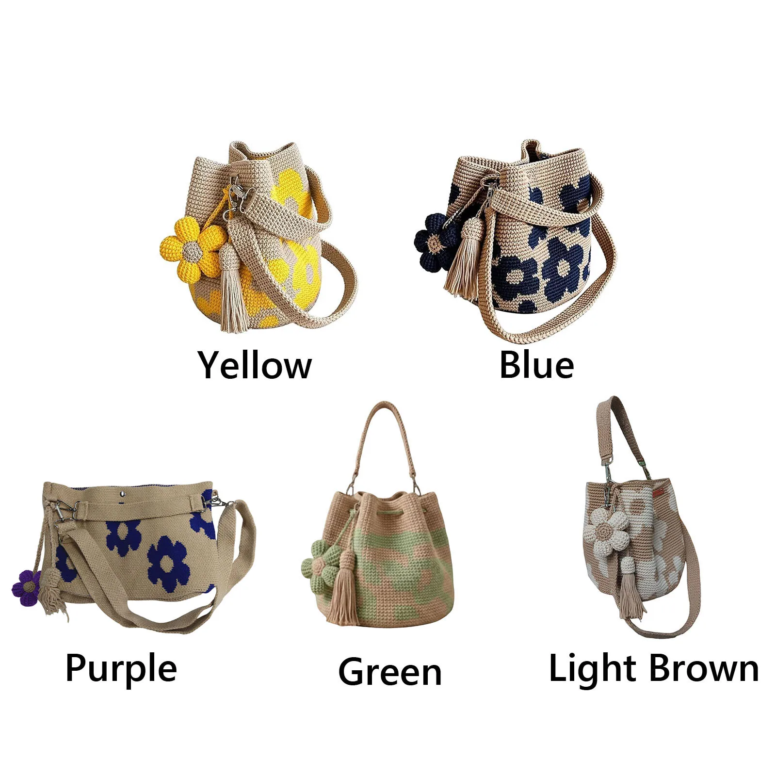 Knit Floral Purse Bag Lightweight Embroidery Aesthetic Boho Bag with Flower Tassel Hand-Crochet Woven Summer Beach Bag for Women
