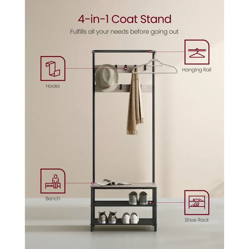 

Hall Tree With Bench And Shoe Storage, Entryway Bench With Coat Rack Stand And Shoe Rack, 9 Movable Hooks, Top Bar, Fabric Shel