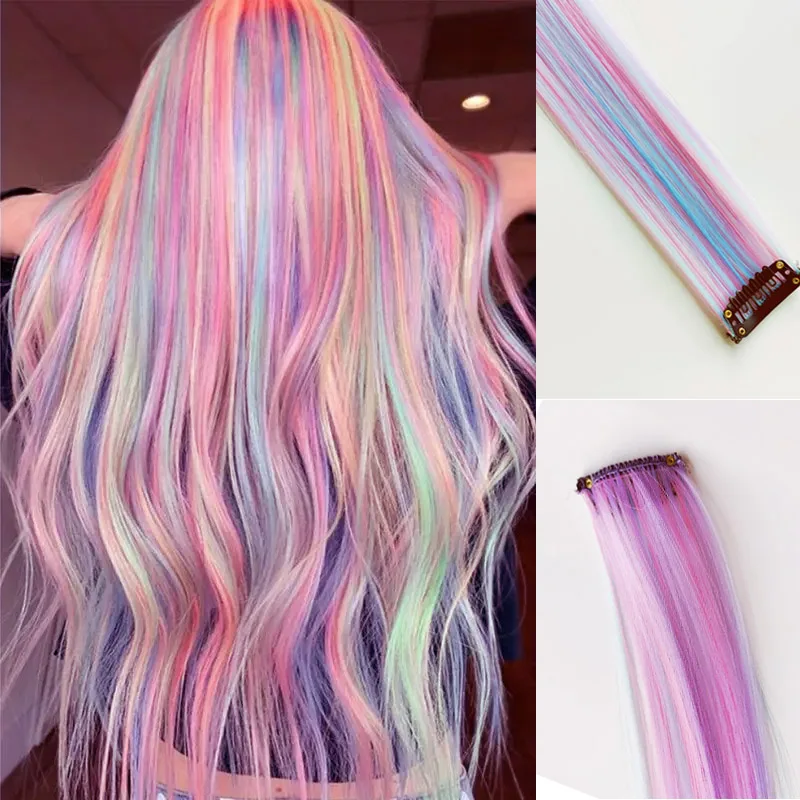 

Clip in One Piece Hair Extension 6pc/pack Unicorn Color Rainbow Pink Blue Purple Mixed Color Clip in Synthetic Hair Accessories