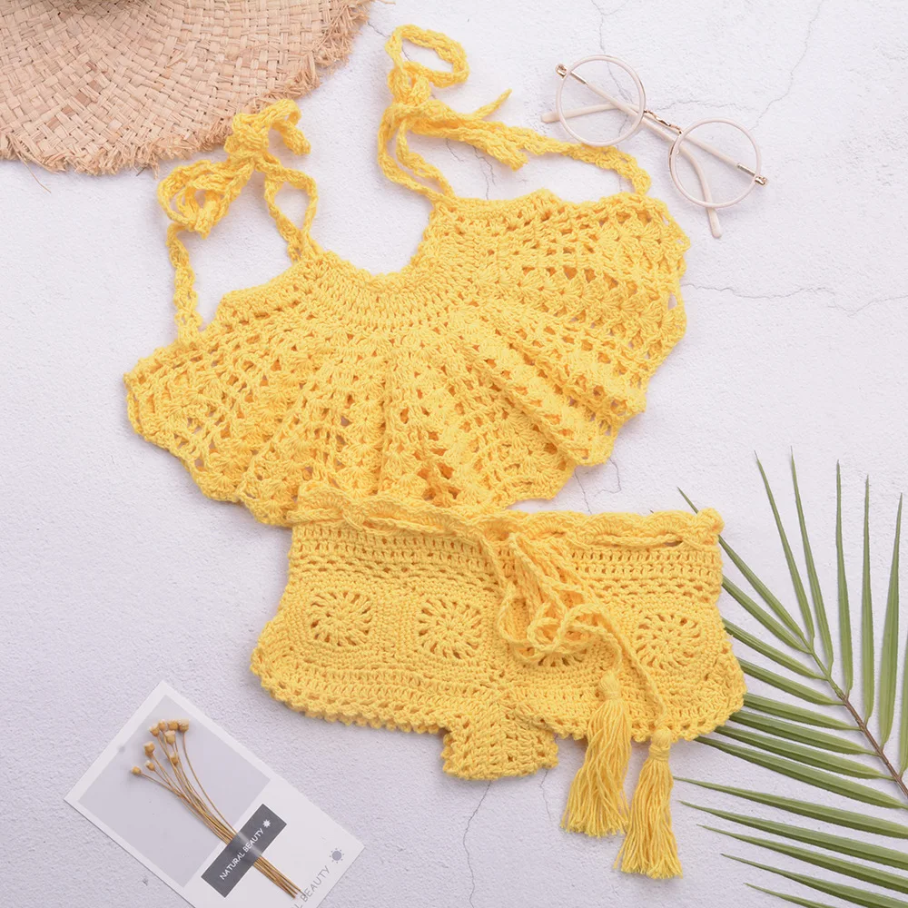 Handmade Crochet Suspenders Strappy Vests Wrapped Chest Swimsuits Children\'s Bikini Split Sets Mid-to-child Models