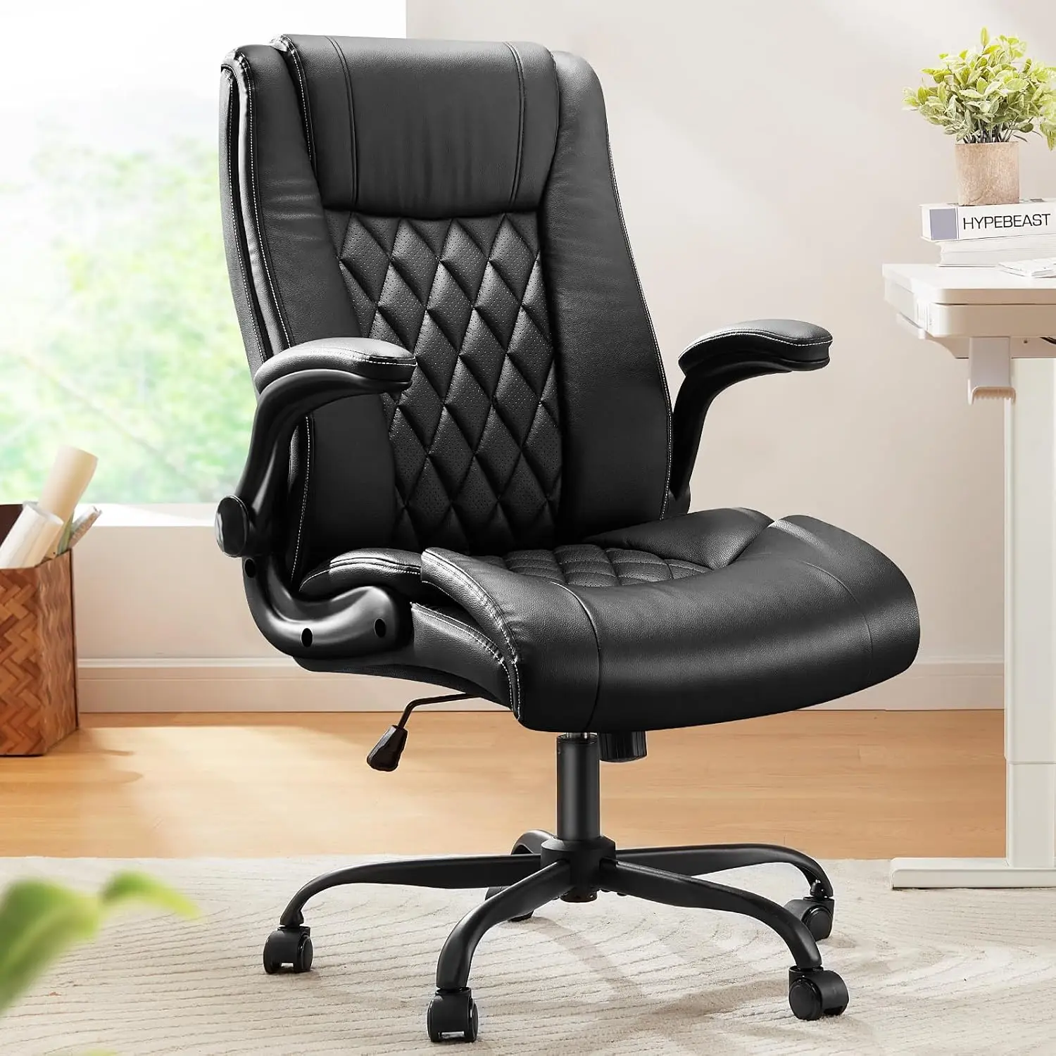 

Executive Office Chair Flip-up Armrests,PU Leather Ergonomic Desk Chair Height-Adjustable Swivel Rolling Computer Desk Chair