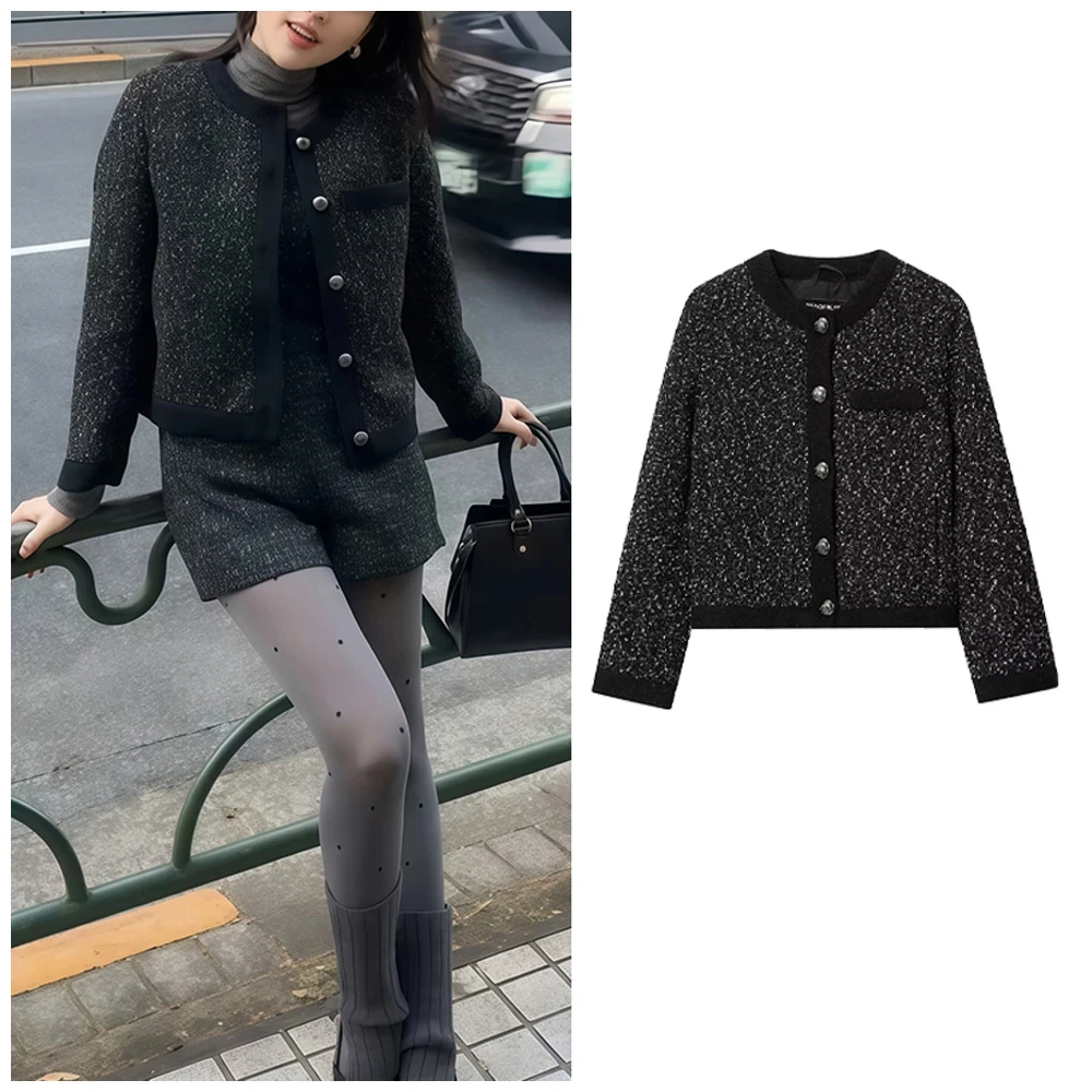 

Elegant Textured Jacket Coat Women Fashion Vintage Casual Crew Neck Single Breasted Long Sleeve Coat Chic Office 2025 New Autumn