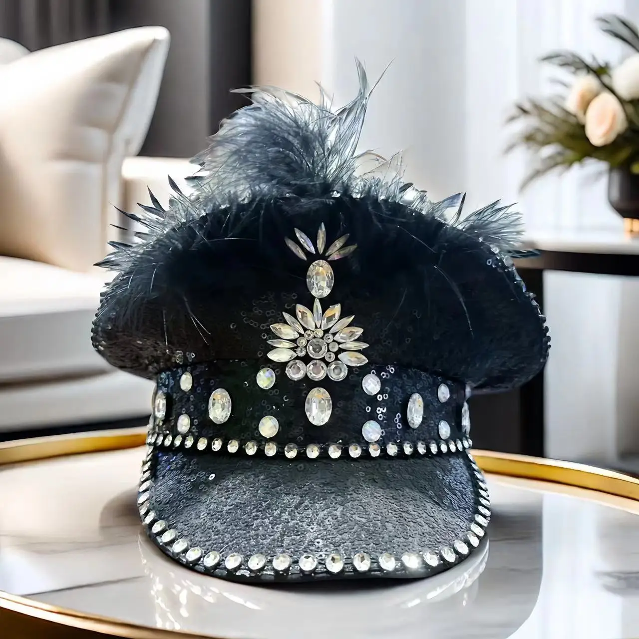 HongLuan The black Military cap navy sequined party hat with white rhinestone feather trim is suitable for weddings, parties