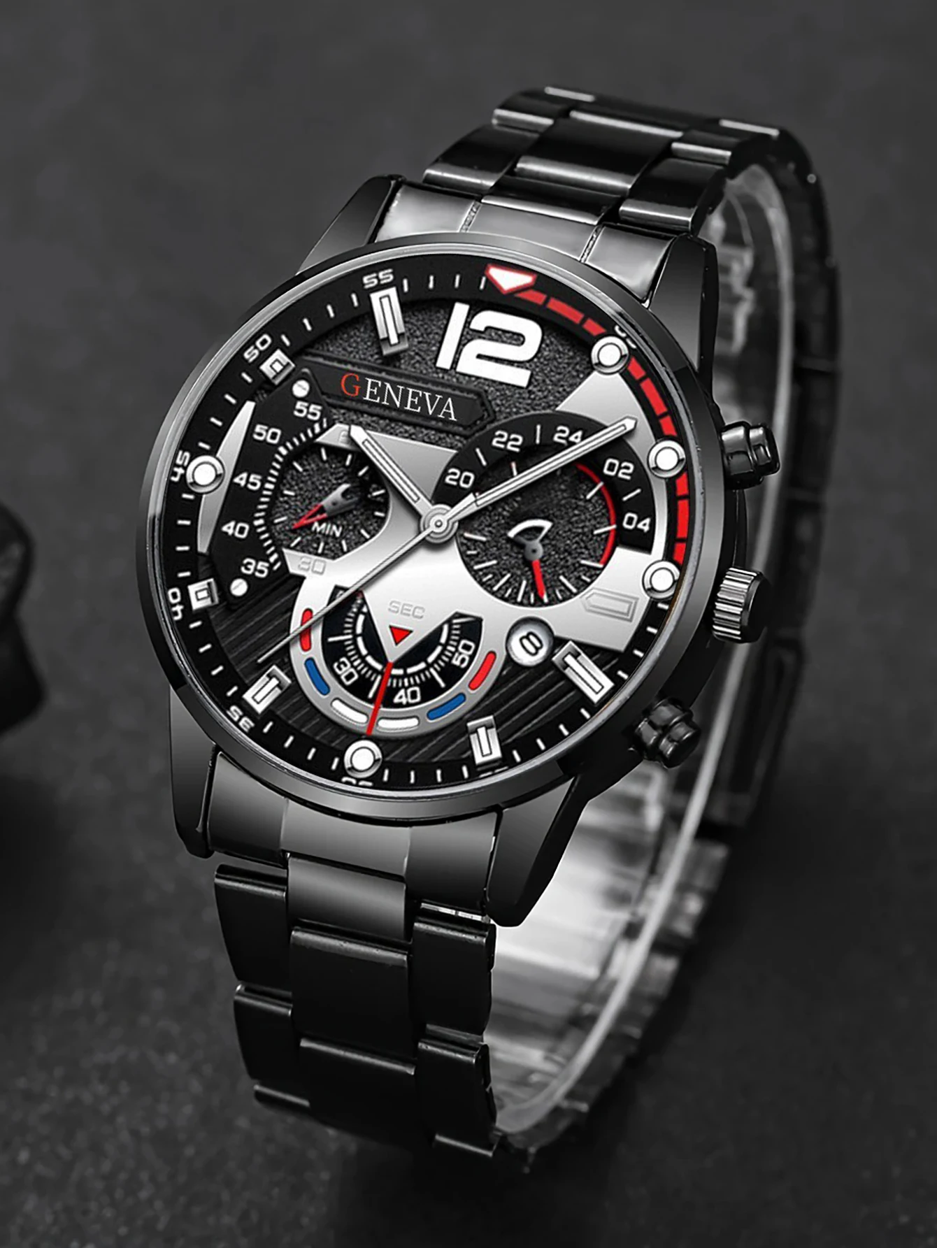 طقم ساعات كوارتز عصرية للرجال مع سوار وقلادة وخاتم ووظيفة التقويم هدية عيد ميلاد لا تشمل الصندوق