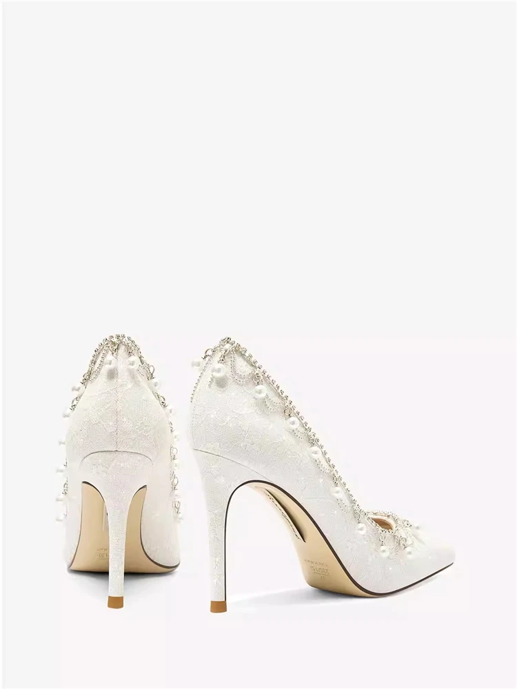 Spring pointed shallow print cloth rhinestone pearl chain wedding shoes banquet dress large size small size women's high heels